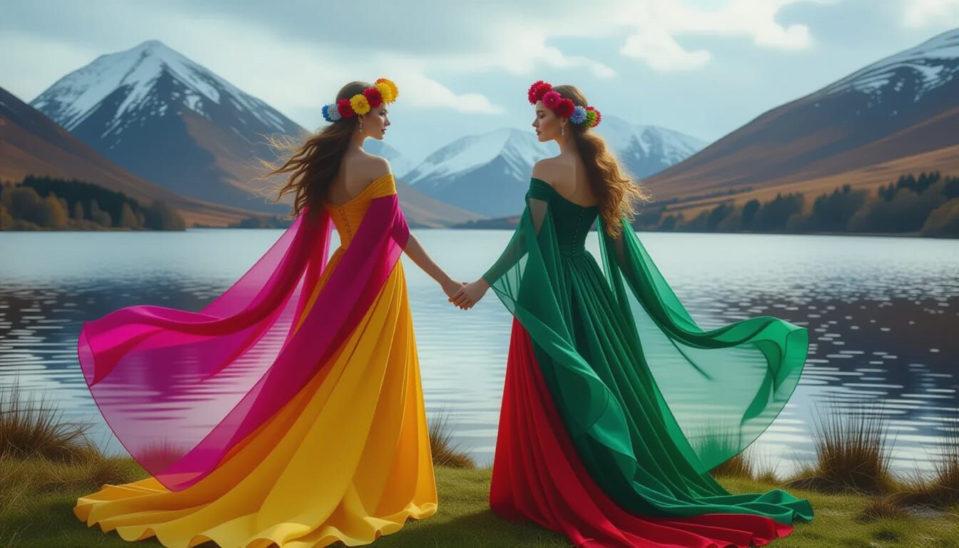 Celtic Women Embrace by Scottish Lake in Ethereal Glow