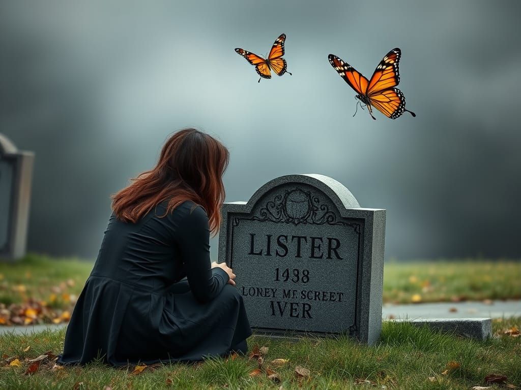 Woman Surprised by Butterflies at Sister's Grave in a Heartf...