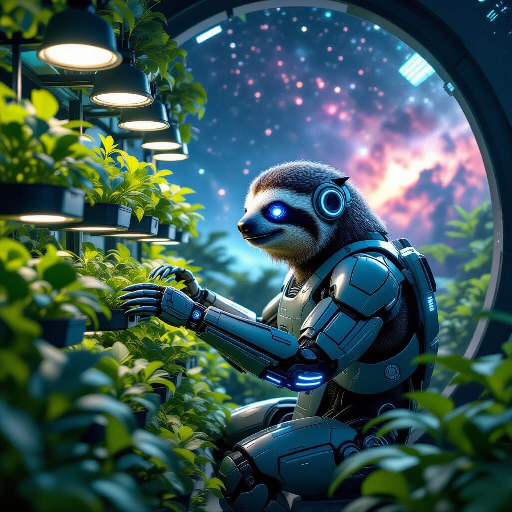 Cybernetic Sloth Tends Futuristic Hydroponic Farm