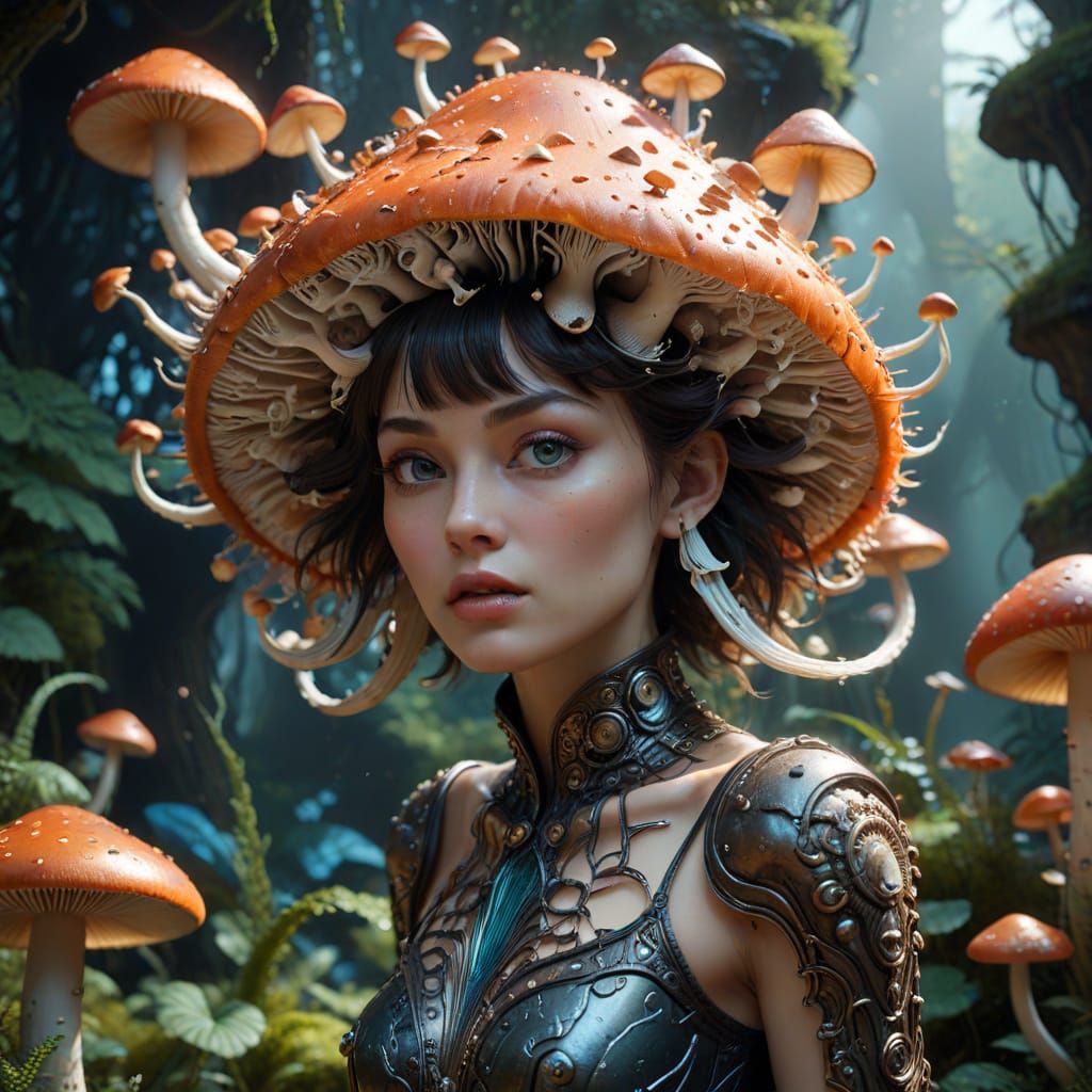 Surreal Mushroom Goddess in Whimsical Harmony