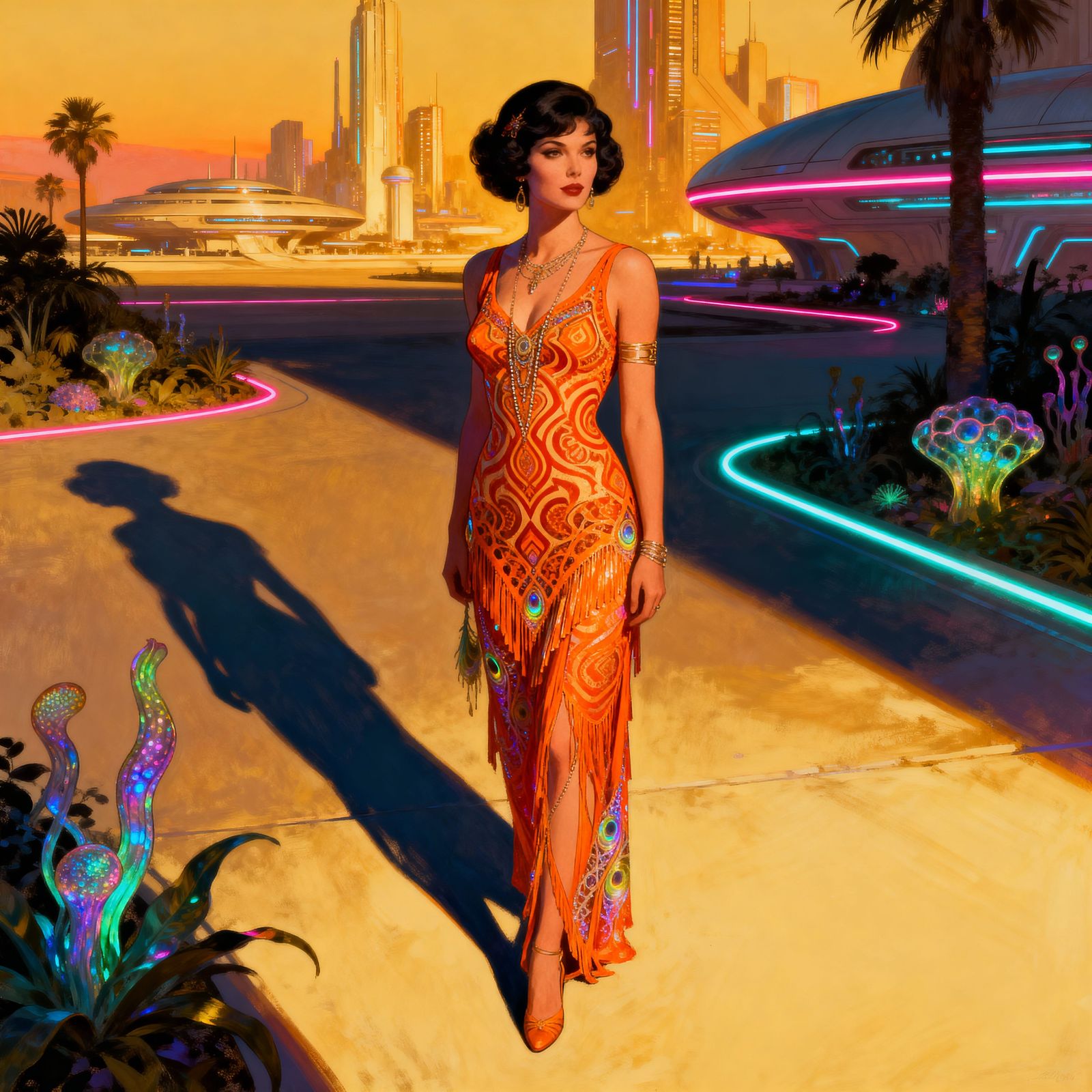 Solarpunk Flapper Woman in Golden Hour Light