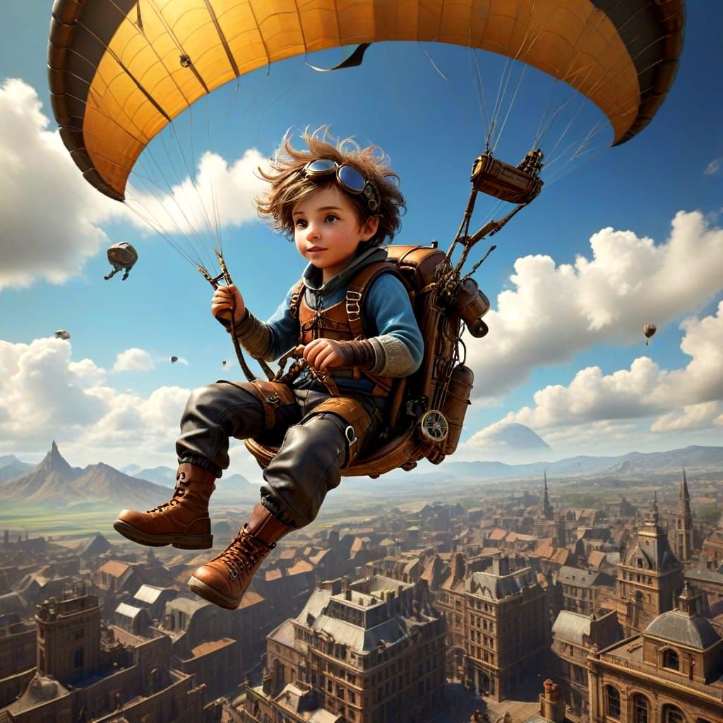 Child Paragliding on Windy Day in Steampunk Style