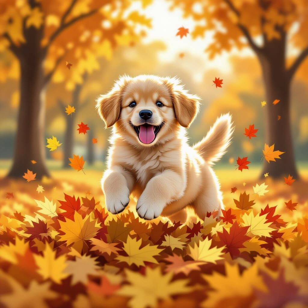 Golden Retriever Puppy Leaping in Autumn Leaves