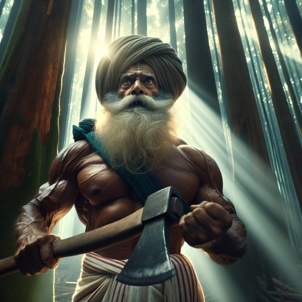 Elderly Farmer's Surprise in Sunlit Forest