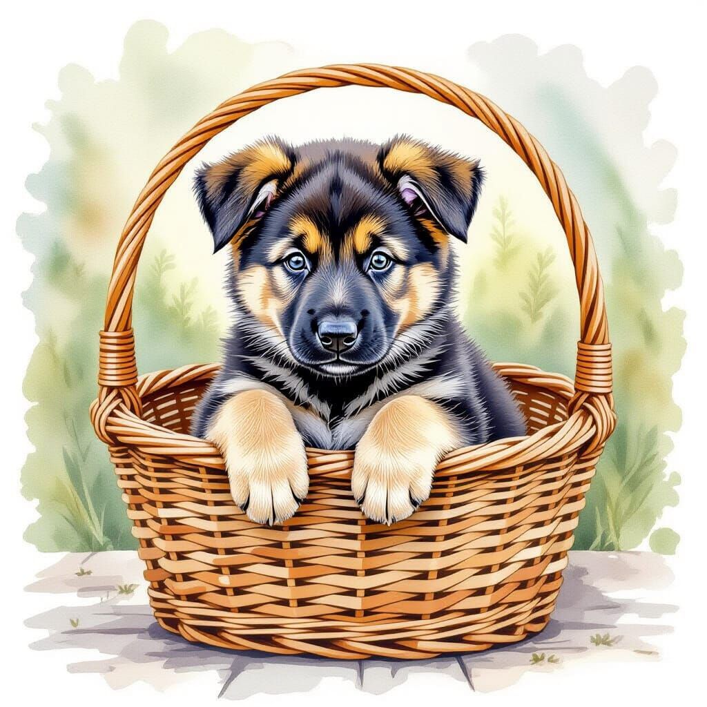 German Shepherd Puppy in Watercolor Style