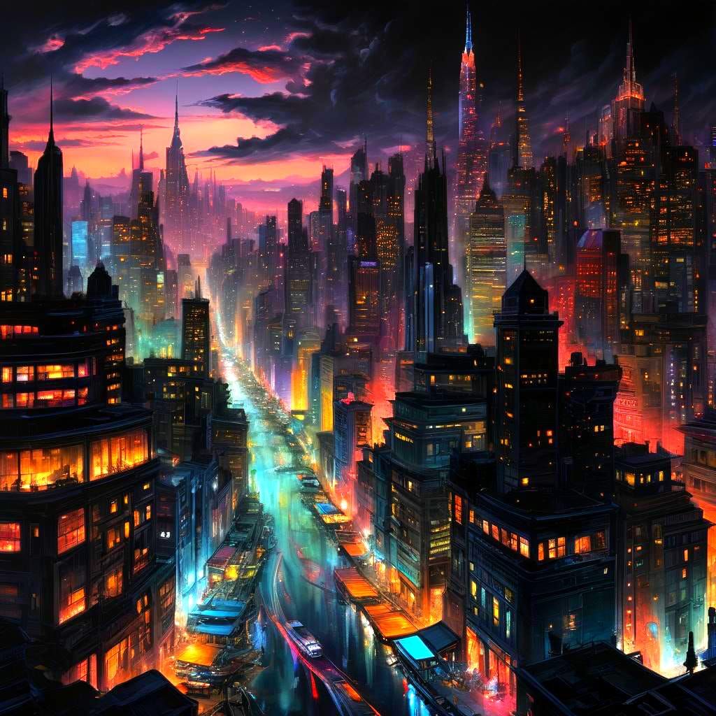 Neon Cityscape Painting in Black Palette