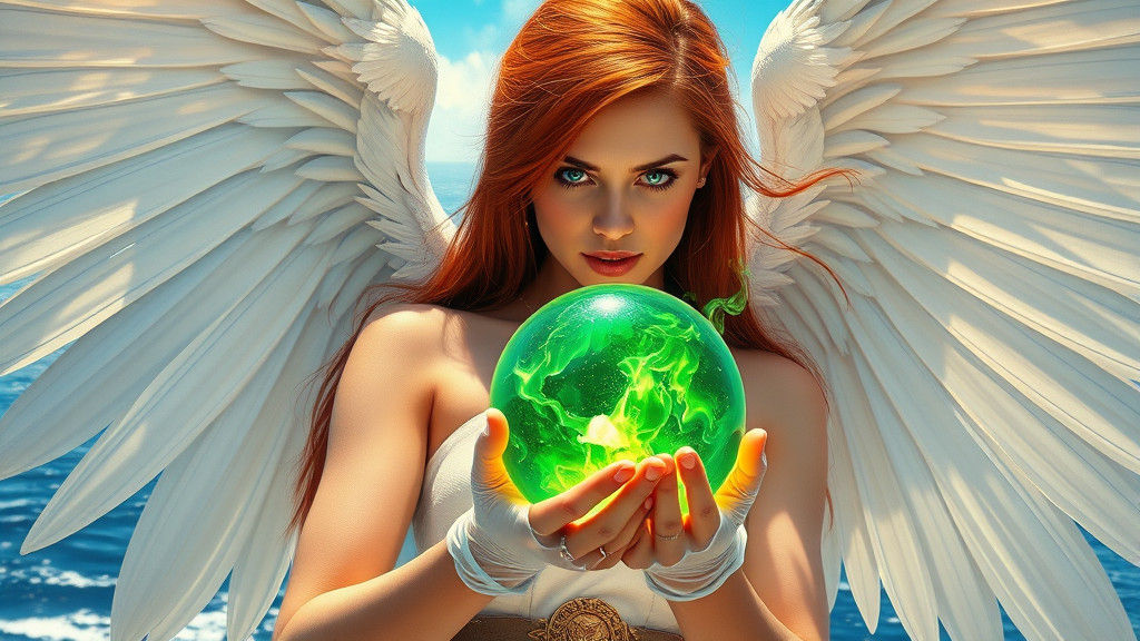 Woman with Wings Holding Mystical Sphere, Acrylic Painting