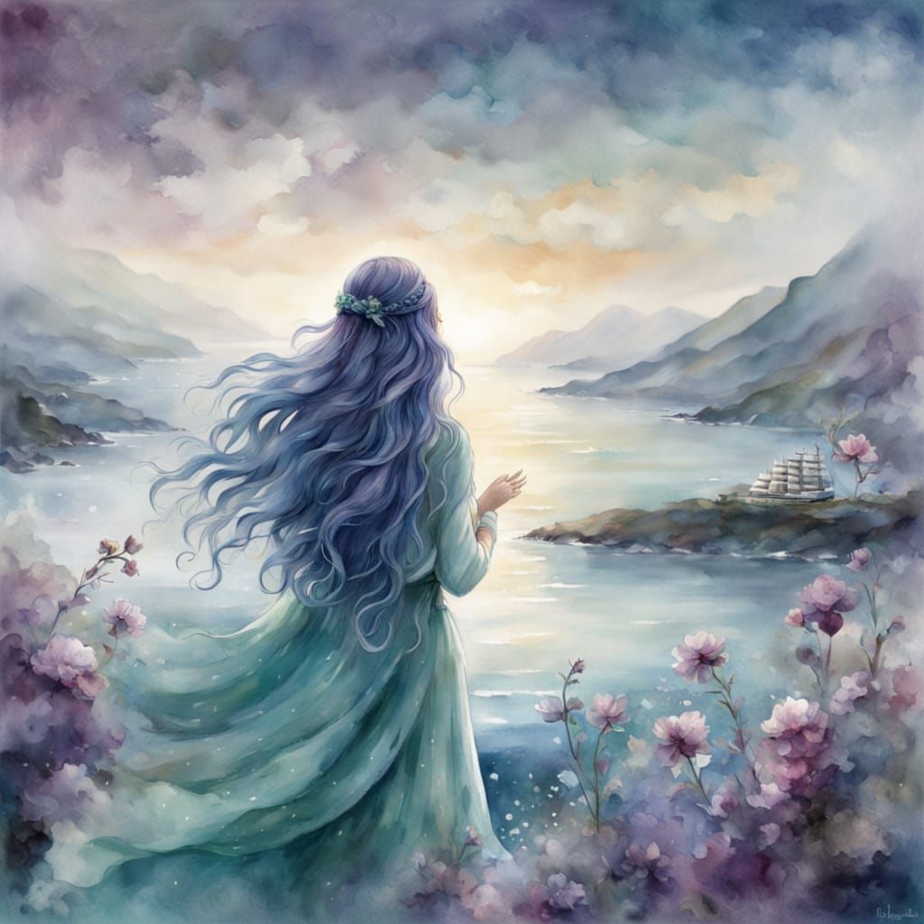 Ethereal Woman with Blue Hair by the Sea in Watercolour
