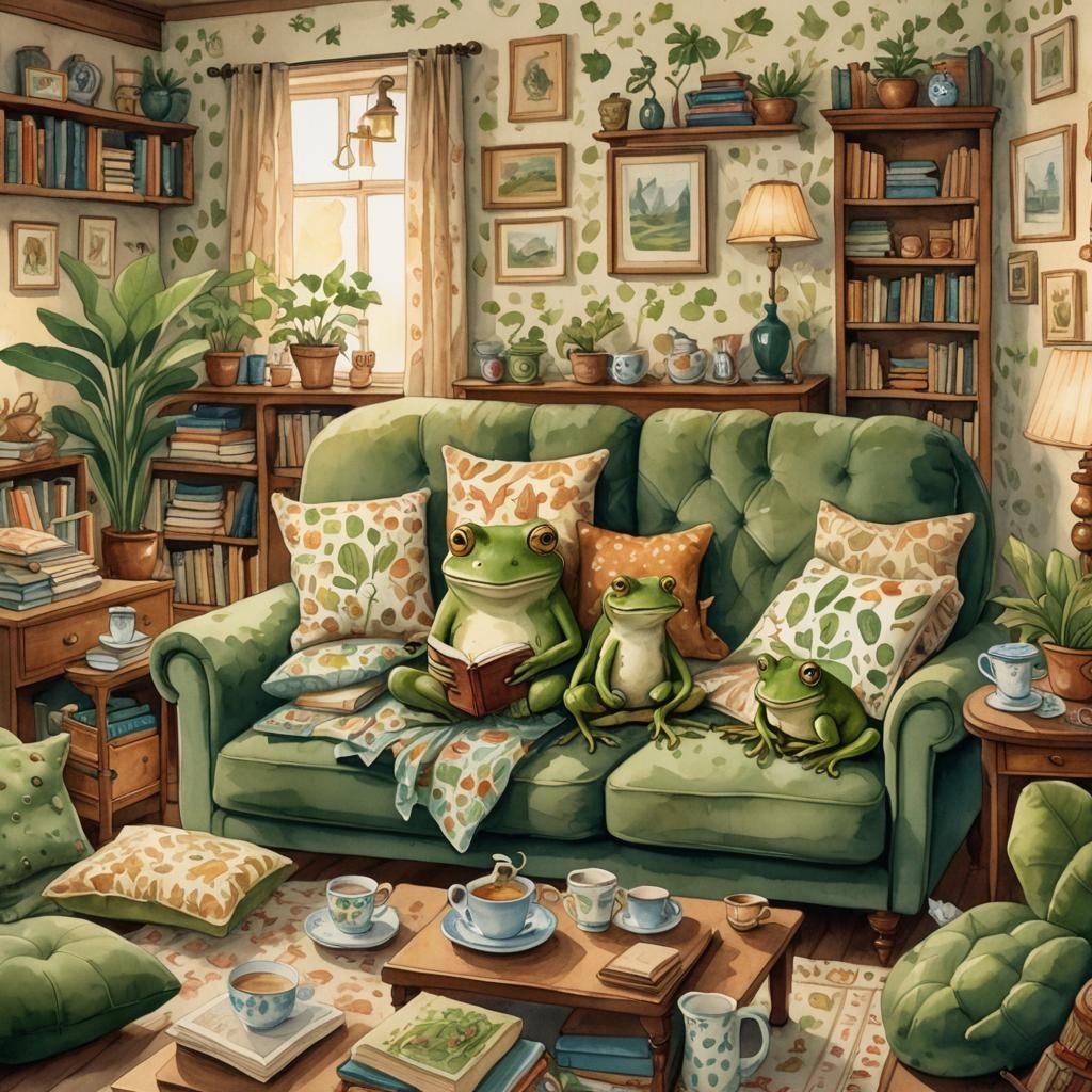 Cozy Froggy Evening: Whimsical Folk Art Illustration