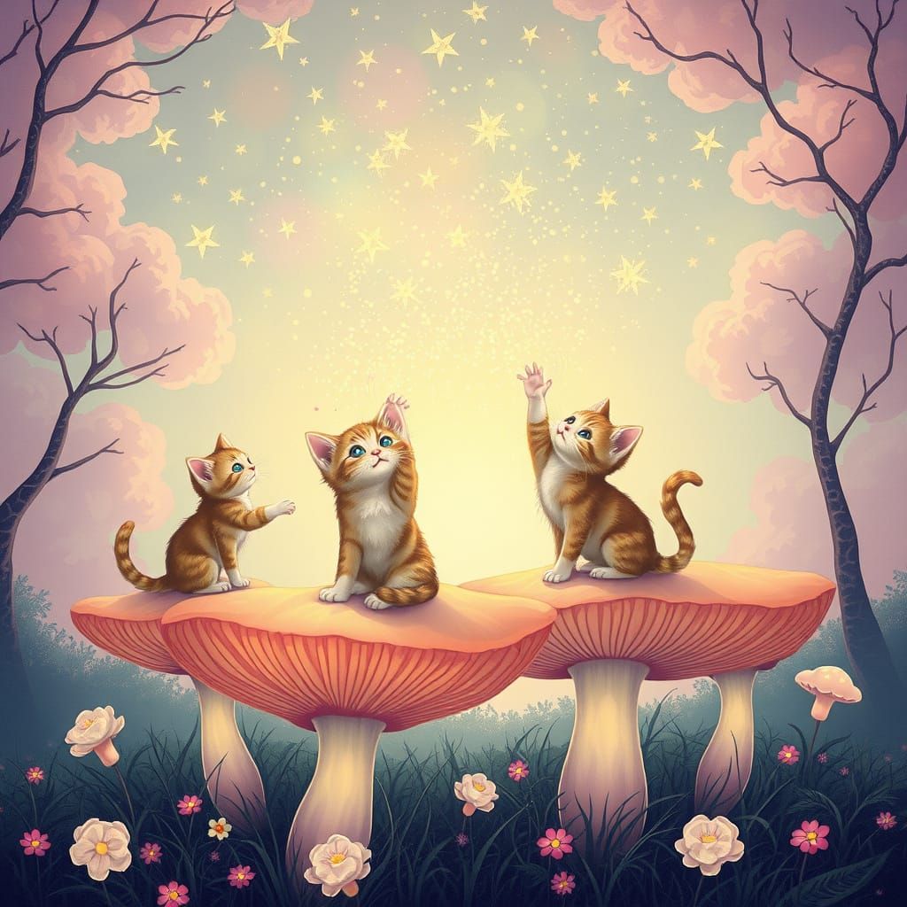 Kittens Play with Stardust in Enchanted Forest