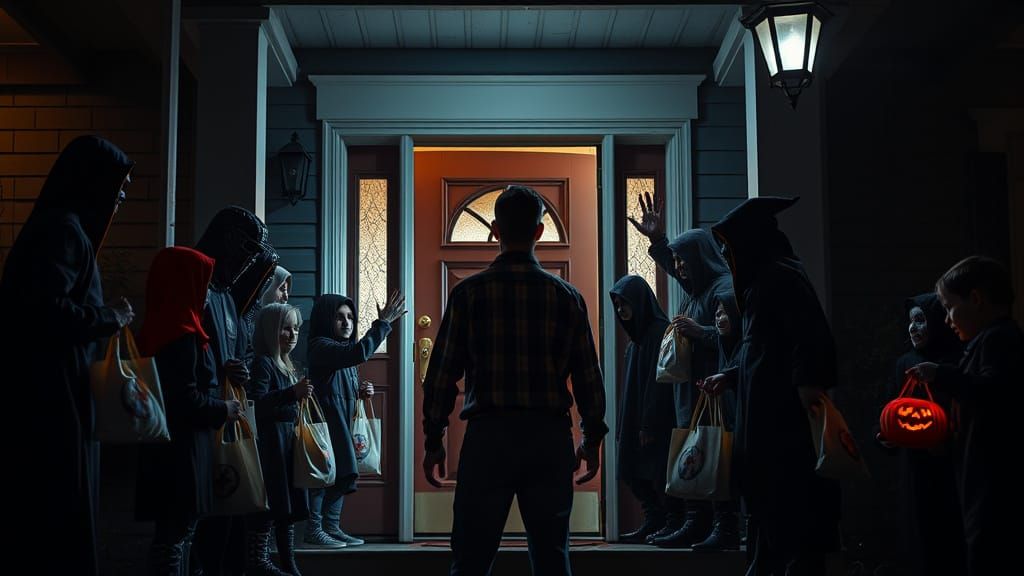 Towering Trick-or-Treaters in Eerie Night Photography
