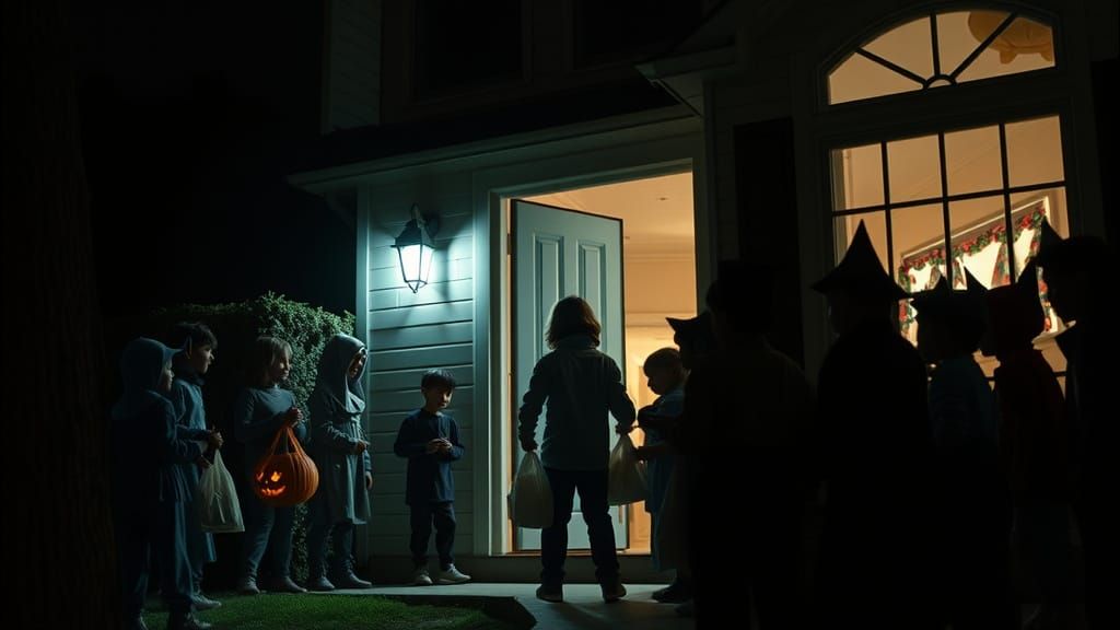 Towering Trick-or-Treaters at Doorway in Eerie Night Photogr...