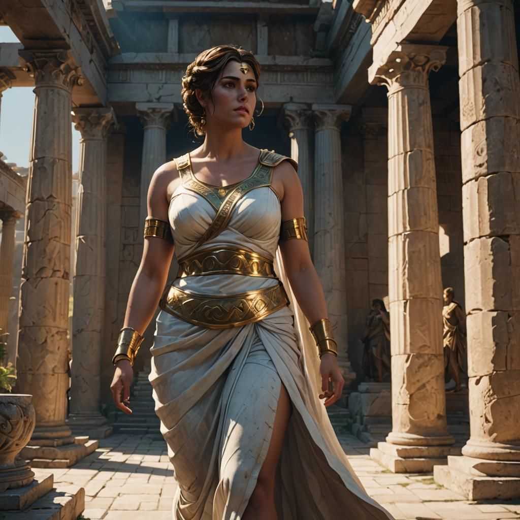 Curvy Greek Goddess in Temple, Hyper-Realistic