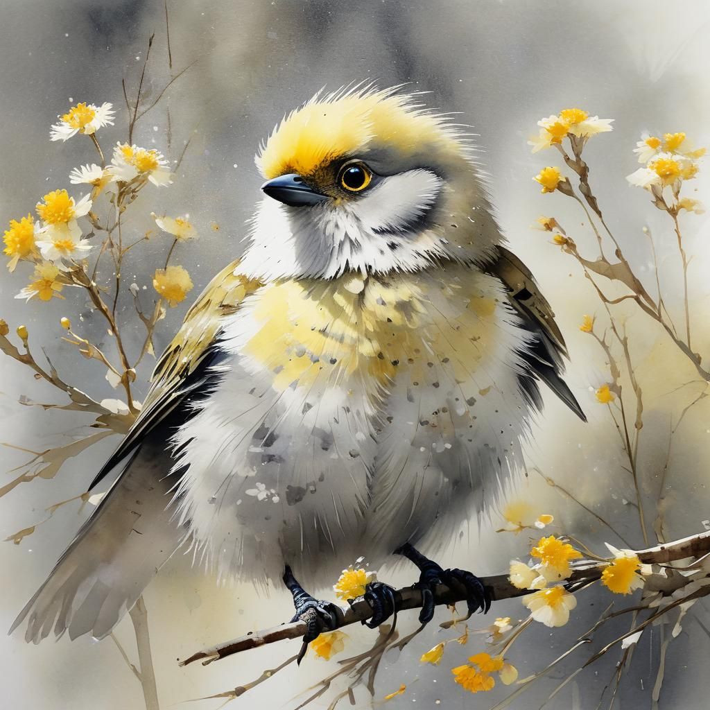 Fluffy Bird Portrait with Yellow Flowers in Watercolor