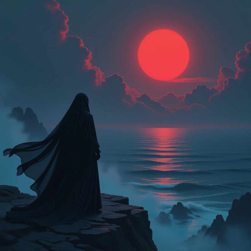 Figure in Twilight Over Teal Sea with Vermilion Sun