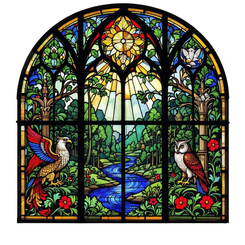 Medieval Stained Glass Forest with Mythical Creatures