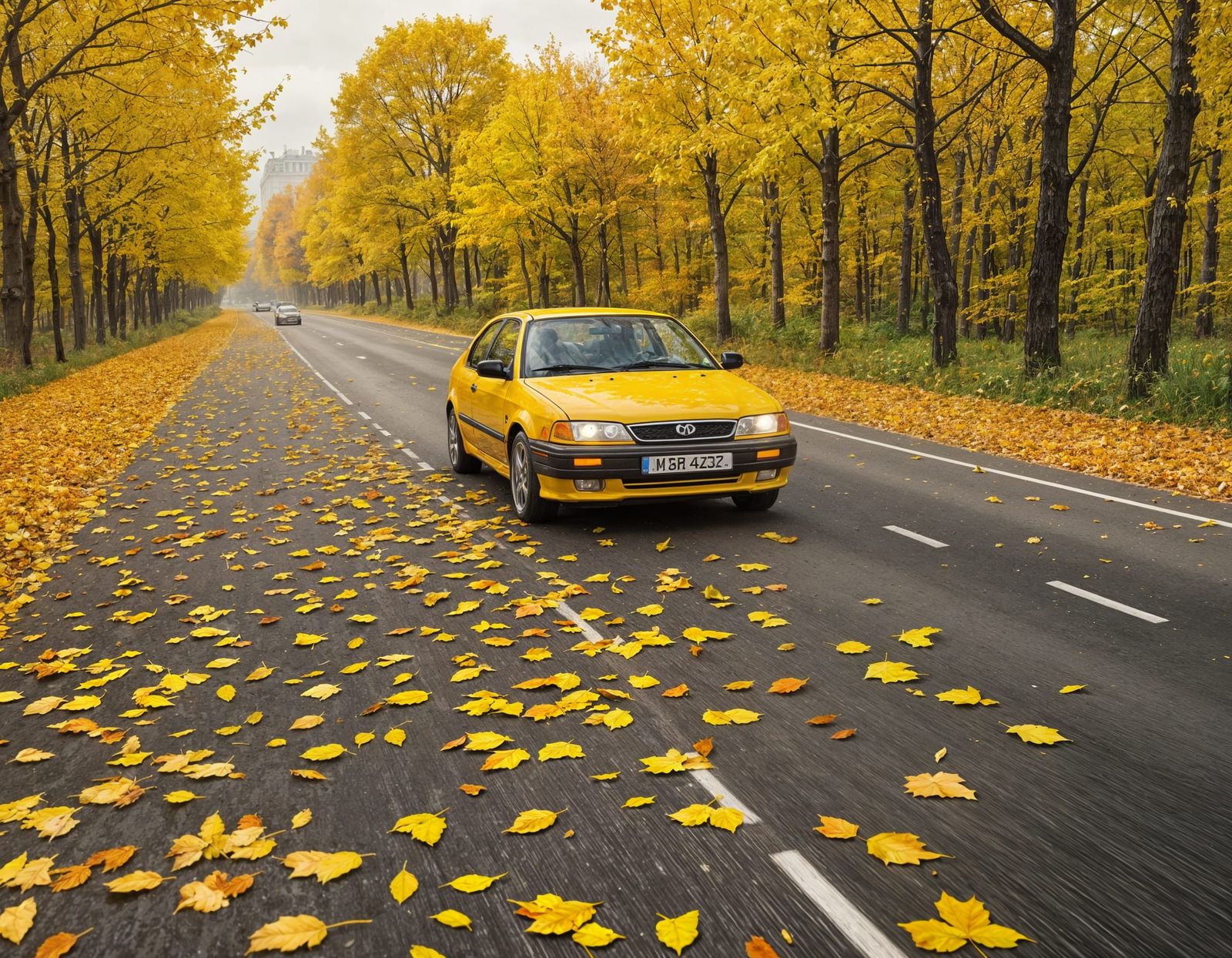 Yellow Race Car on Autumn Road, Comic Book Art