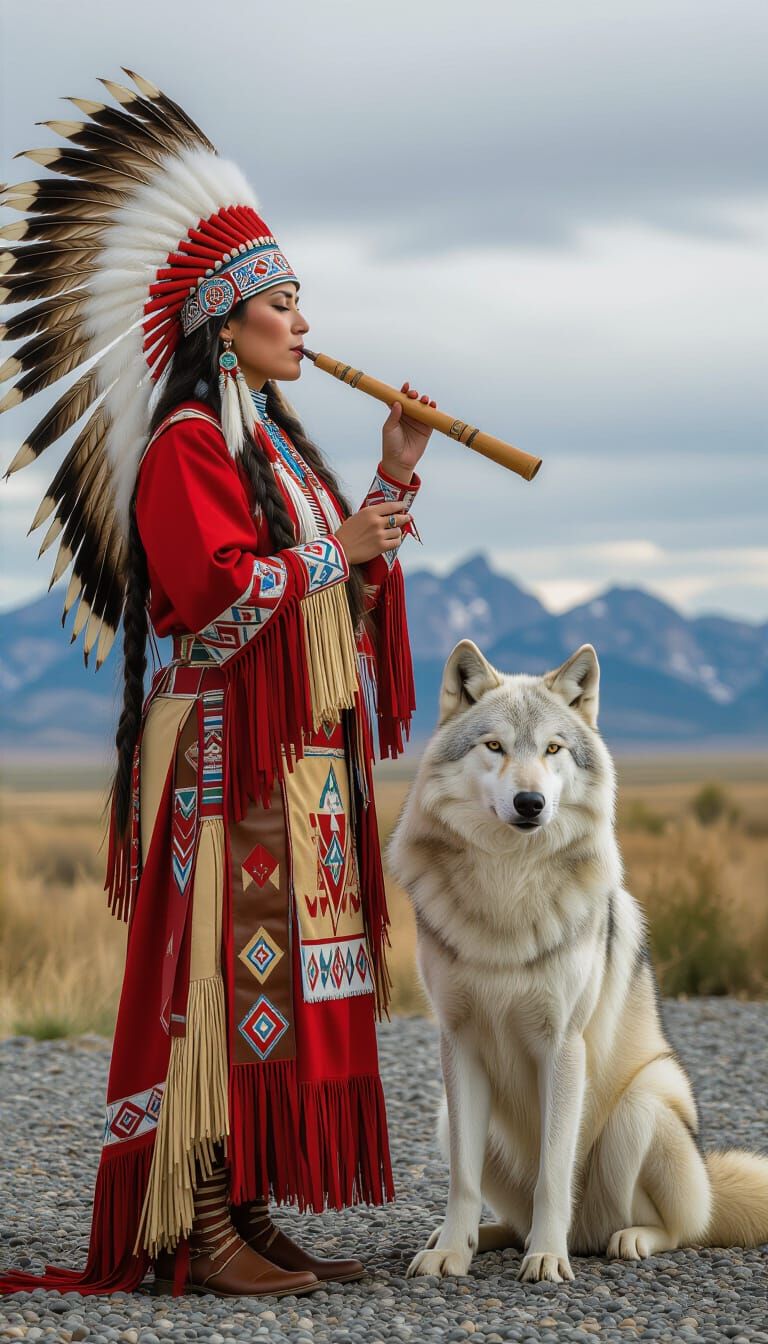 Native American Woman Plays Flute With White Wolf