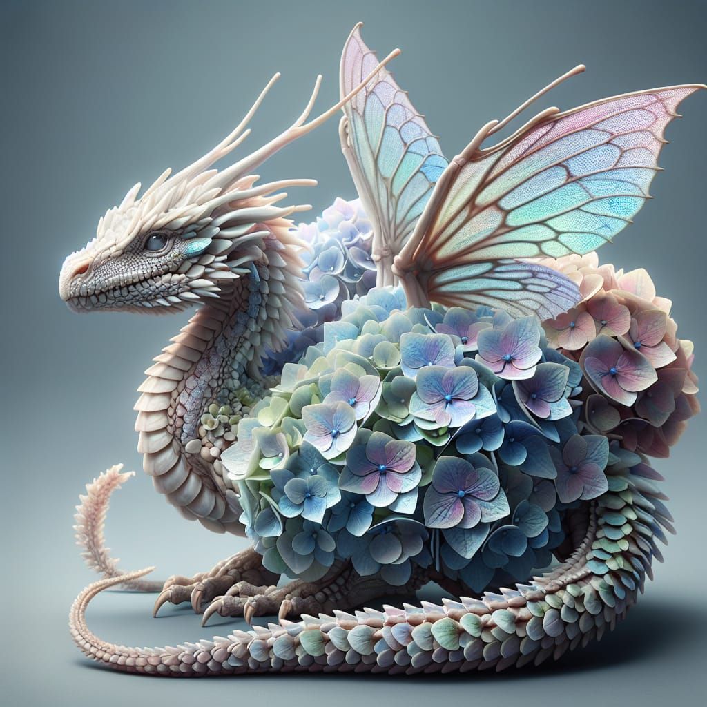 Pastel-Hydrangea Dragon in Floral Harmony