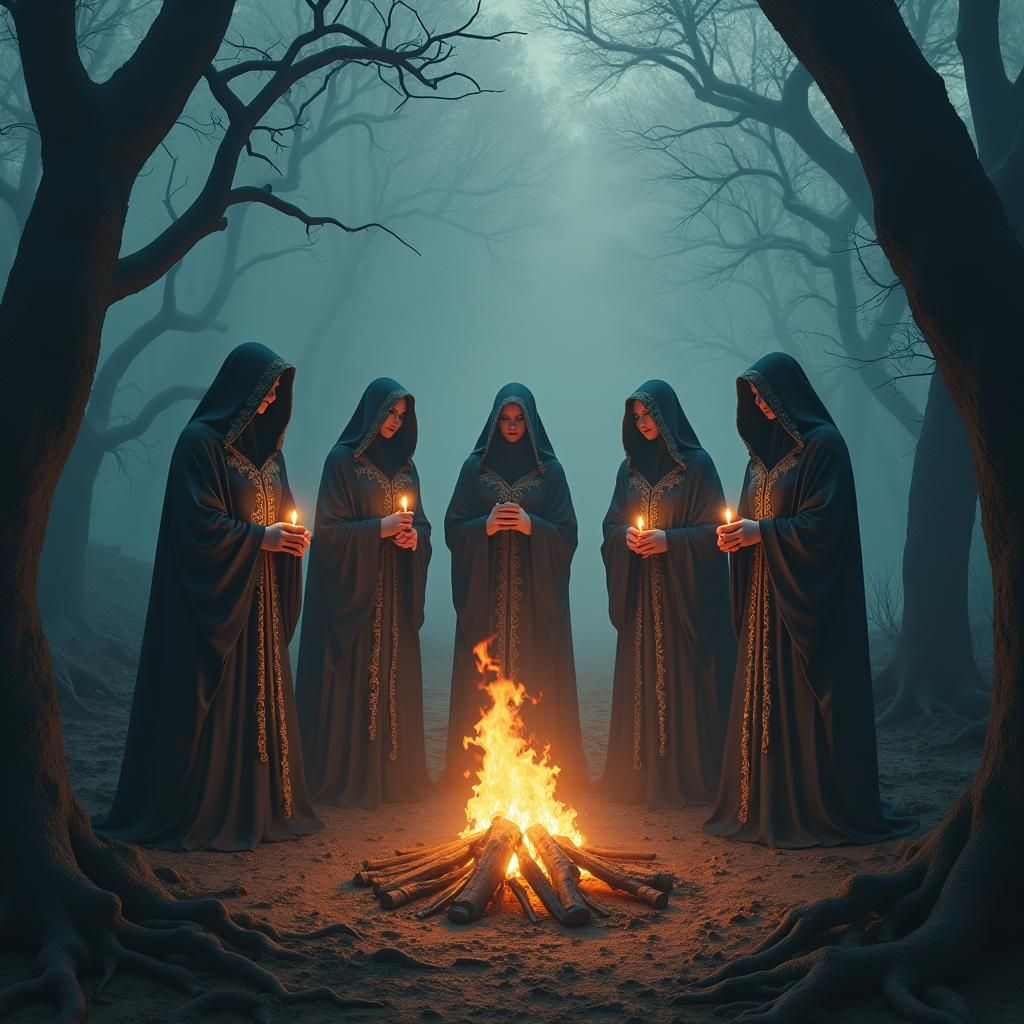 Witches Circle by Fire in Mystical Forest