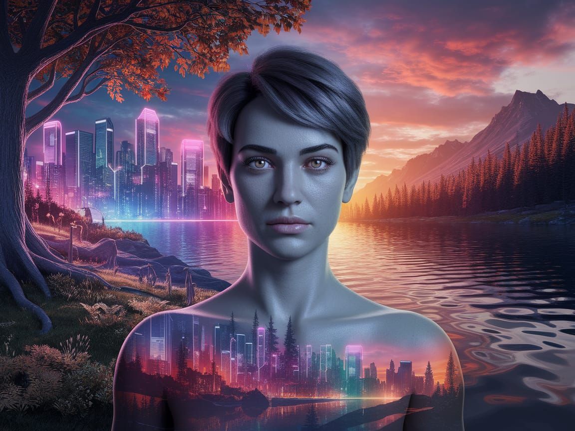 Hyperrealistic Landscape of Serene City and Enchanted Forest