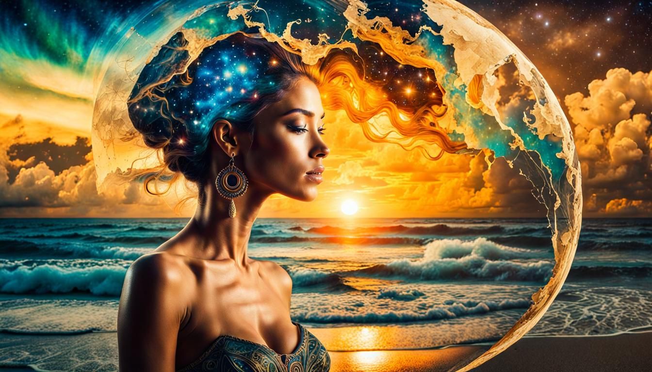 Woman in Cosmic Double Exposure: Oil and Ink Art