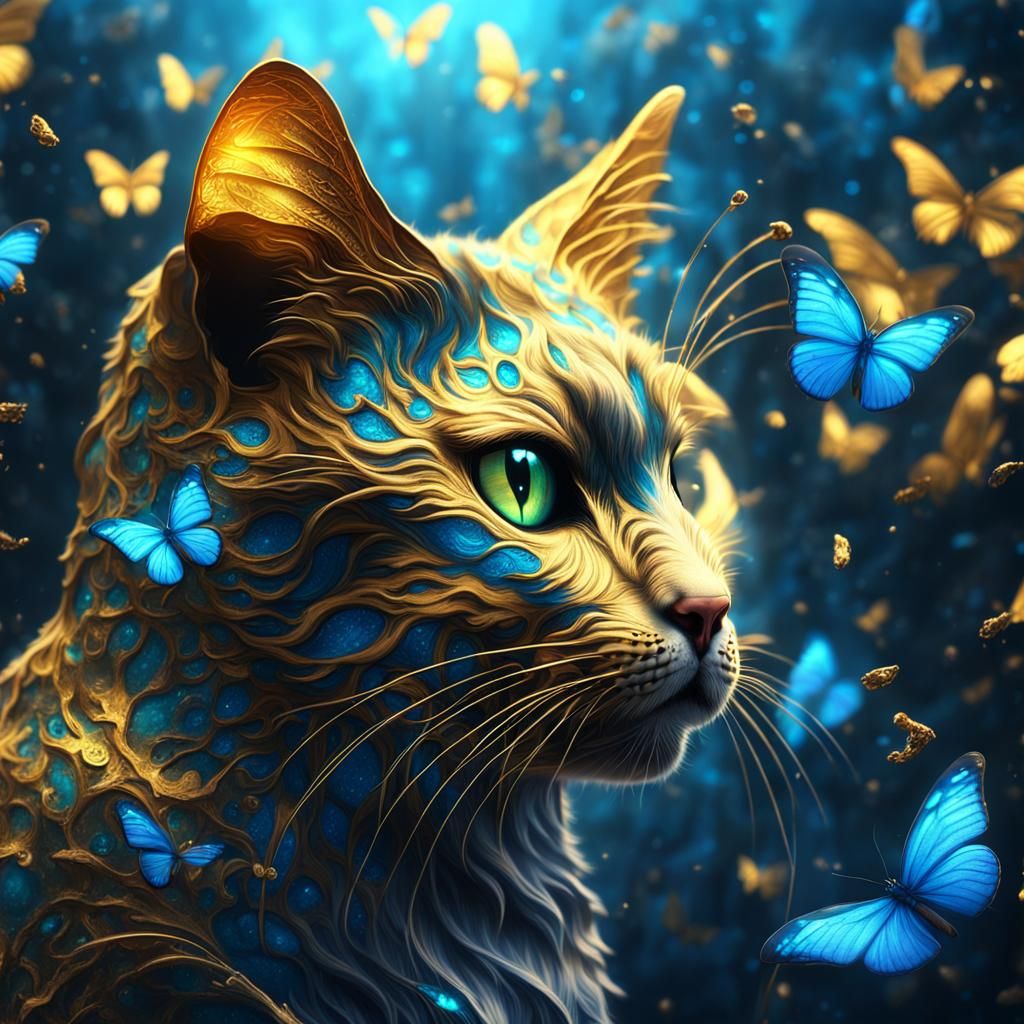 Glowing Golden Cat with Blue Butterfly