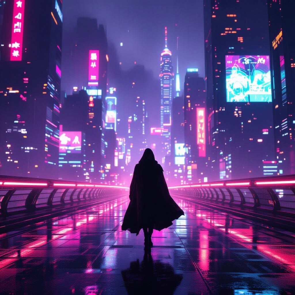 Cyberpunk Traveler on Neon Bridge at Night