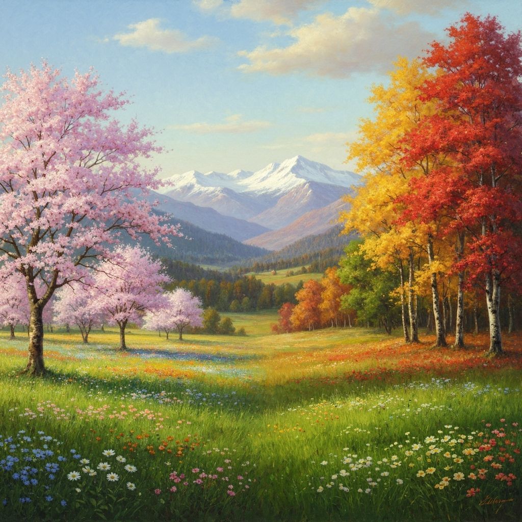 Valley Landscape Painting Showing All Four Seasons in Classi...