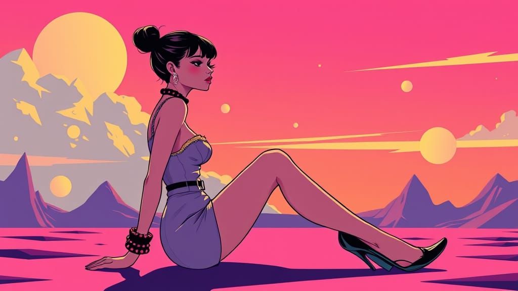 Glamorous Cartoon Woman in Vibrant Surreal Landscape