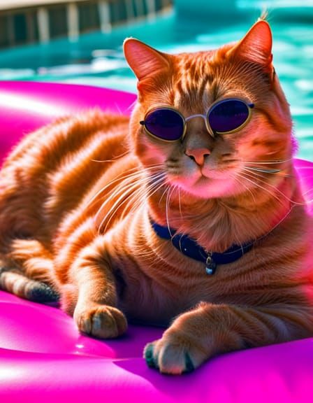Ginger Cat Lounging by the Pool, Hyperrealistic Summer Scene