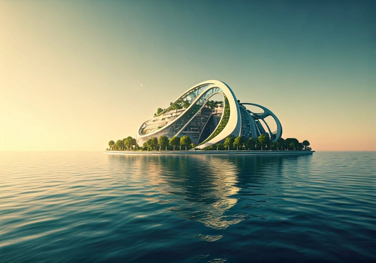 Solarpunk floating ocean city with spires