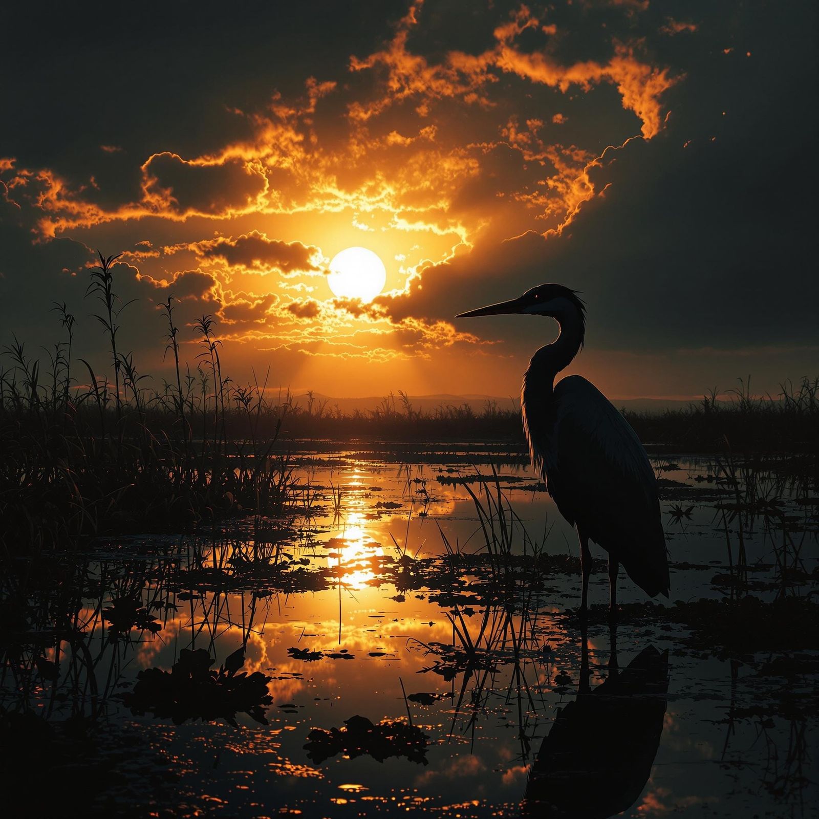 Sunrise Heron Silhouette in Moody 3D Art