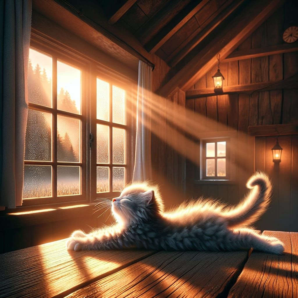 Fluffy Kitten Stretches in Morning Light Concept Art