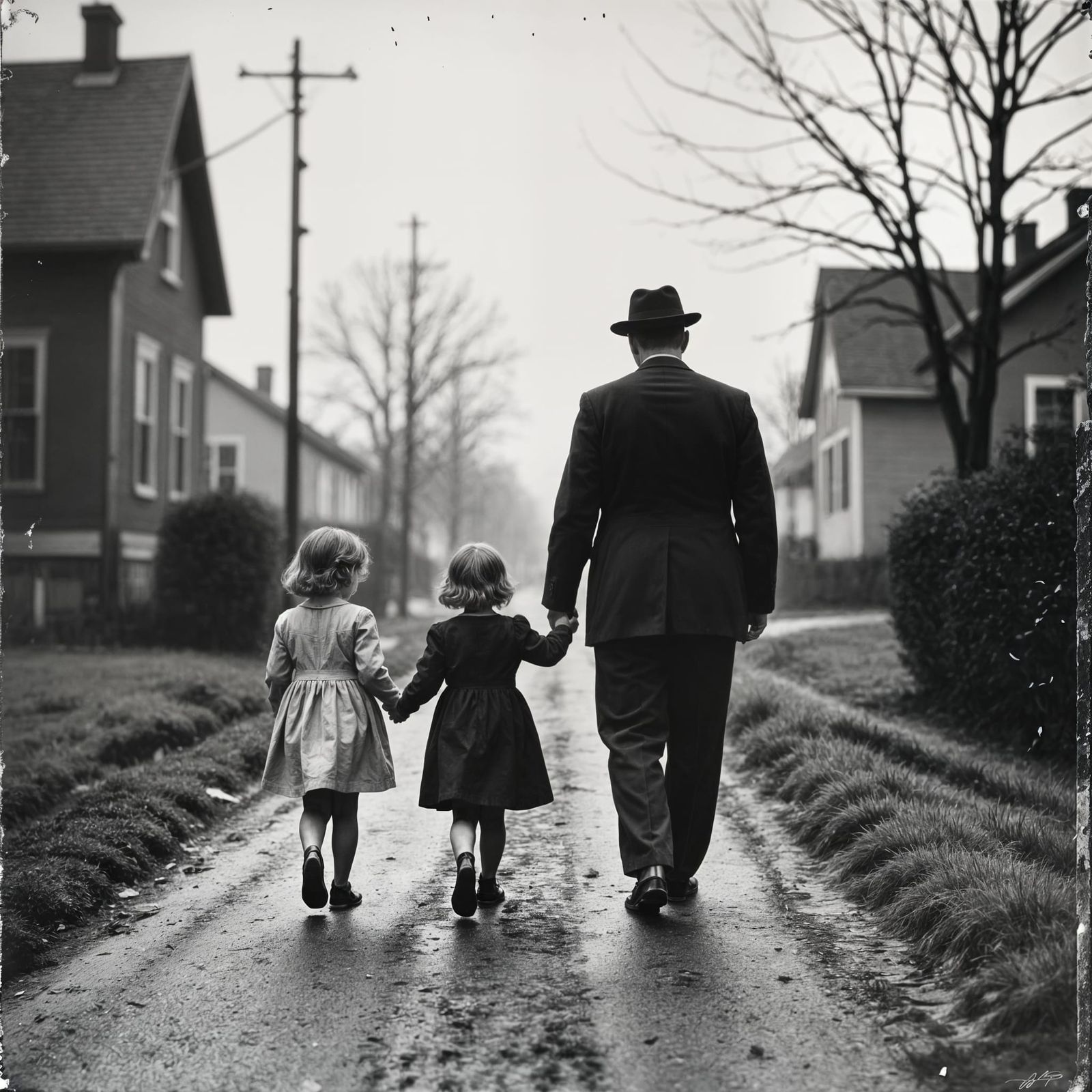 Eerie 1940s Overexposed Photo of Children and Father