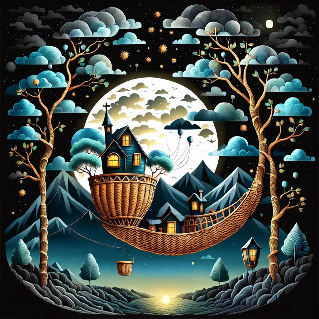 Whimsical Moon Balloon in Folk Art Style