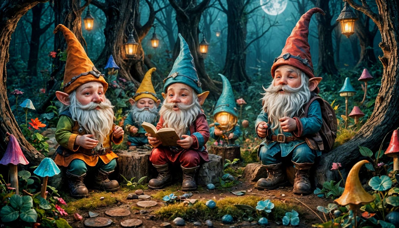 Gnomes Play Under Moonlight: Romantic Illustration