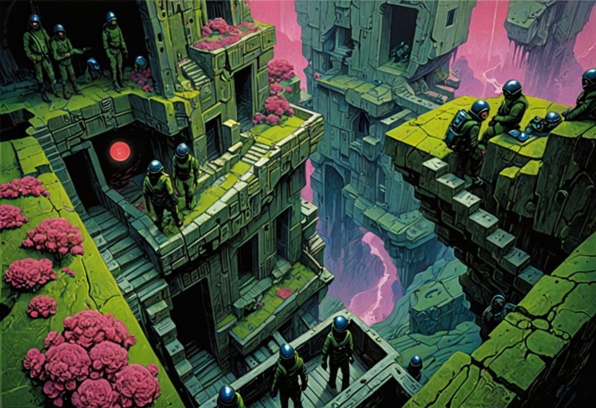 Cautious Explorers Descend into a Crimson Cave in a Futurist...