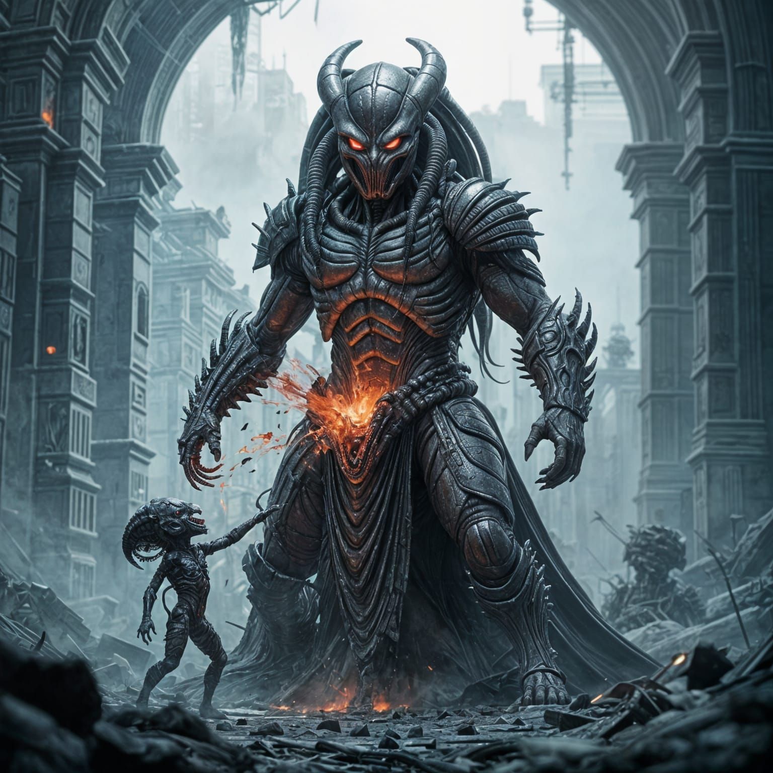 Terrifying Xenomorph Queen and Hybrid in Gothic Horror Style