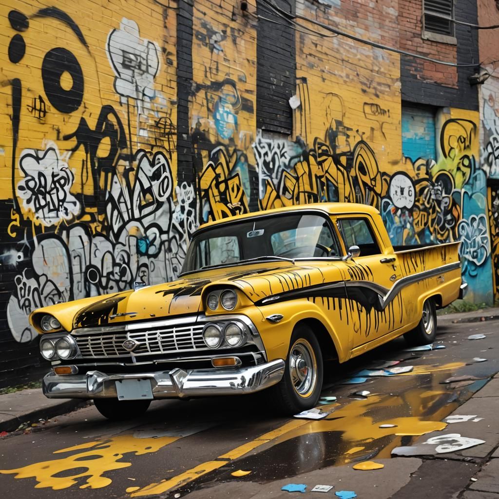 Graffiti Art: Yellow and Black 1958 Ford Ranchero