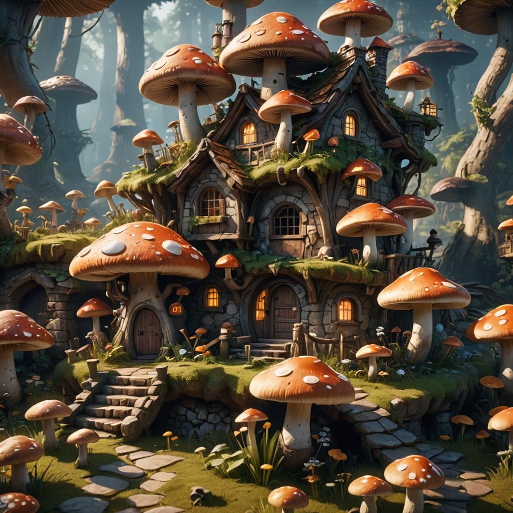 Mushroom House in 3D Game Cinematic Style