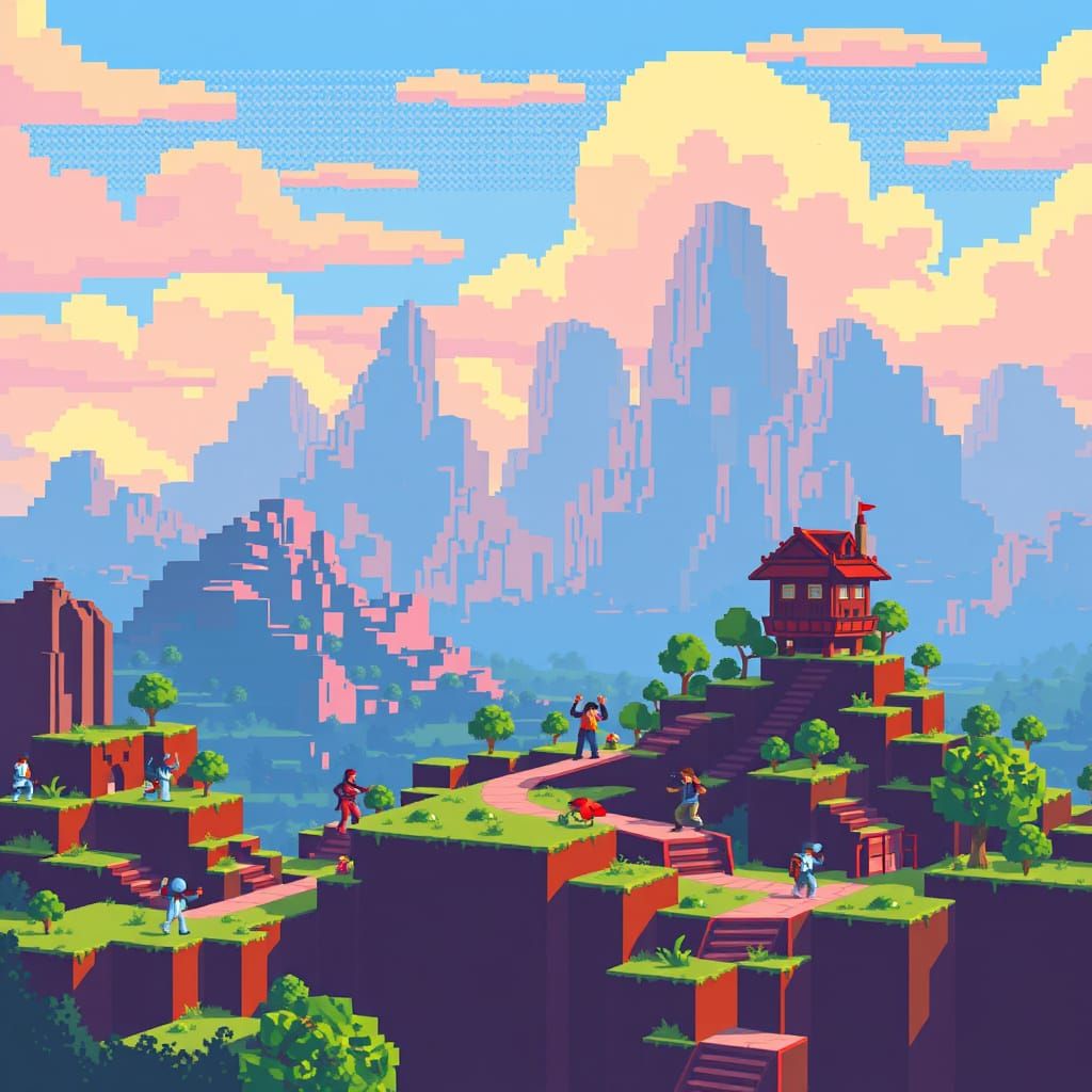 Blocky Pixelated Landscape in Vibrant 8-Bit Style