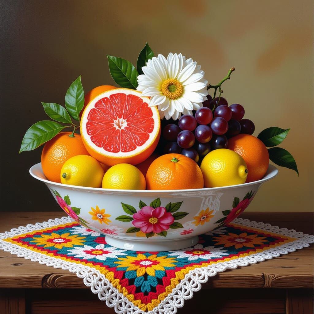 Still Life with Fruit and Crochet Tablecloth