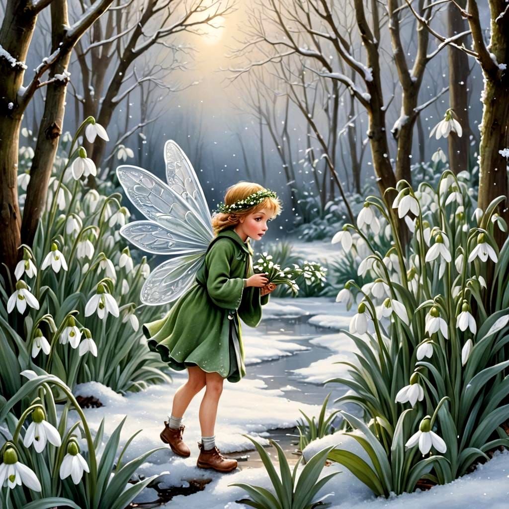 Snowdrop Fairy Watching Snowdrops Bloom in Winter