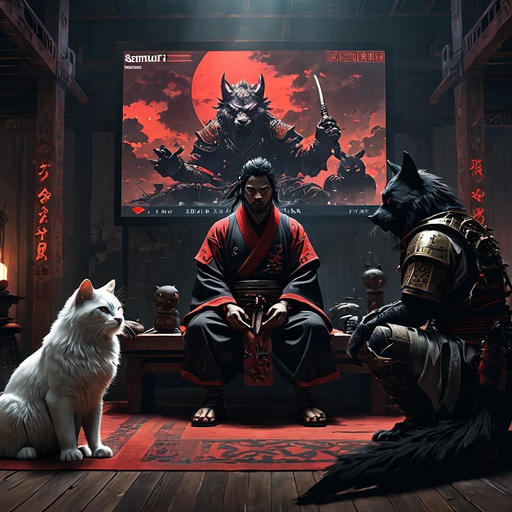 Samurai Meditating in Dystopian Surrealism with LCD Screen