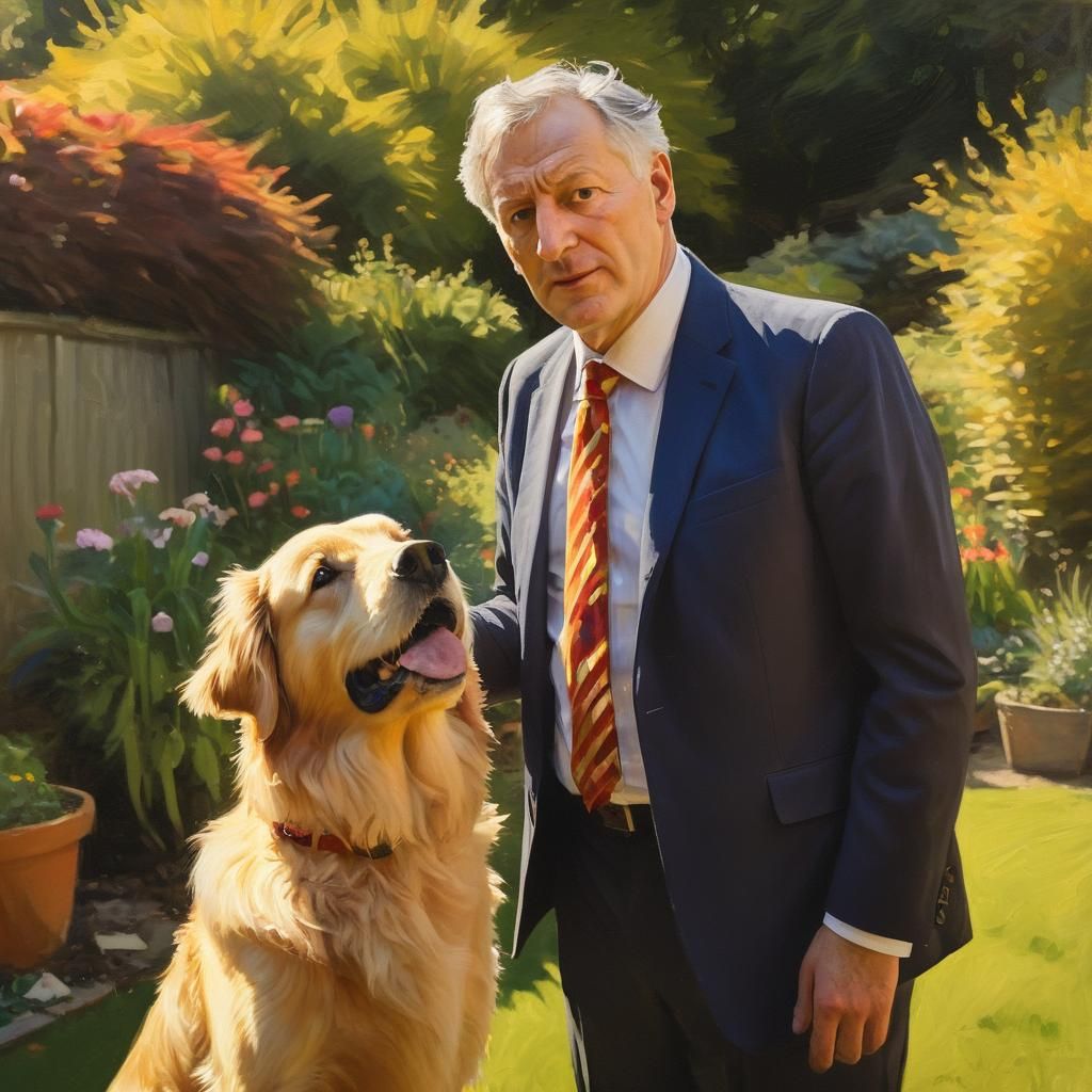 Welsh Politician Points at Dog in Oil Painting Style
