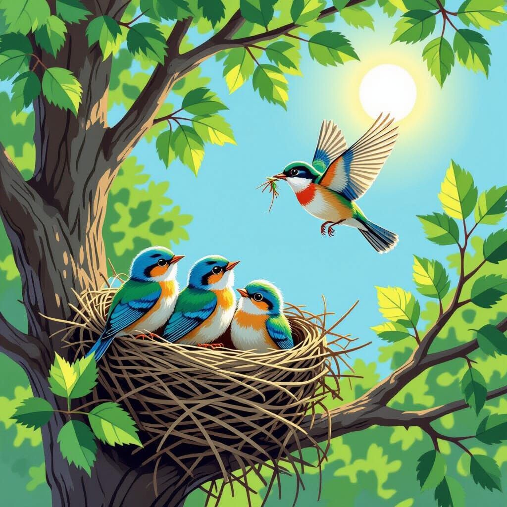 Birds Nest in Oak Tree, Audubon Illustration