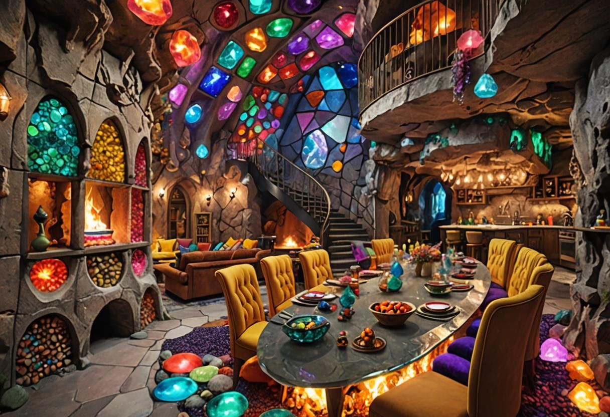 Art Nouveau Cave Living Room with Gemstones