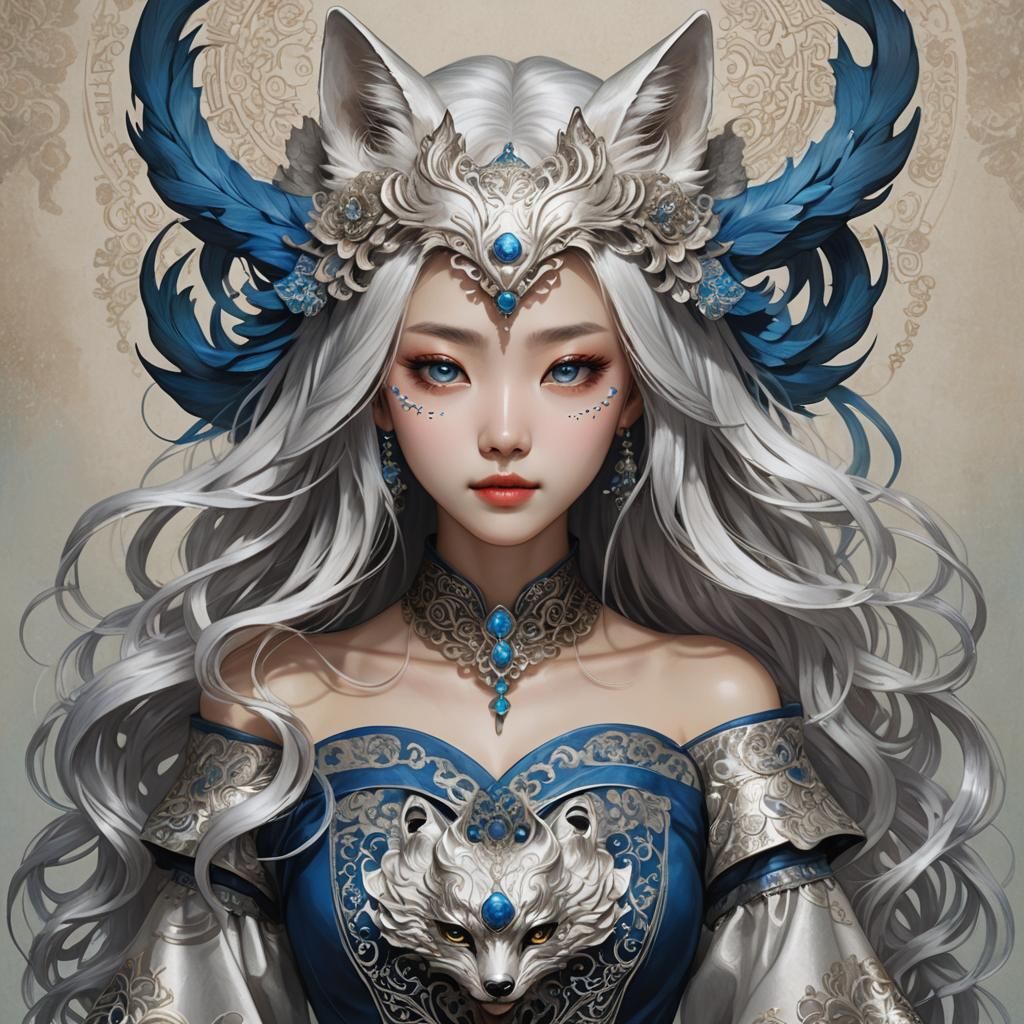 Cyberpunk Korean Woman with Fox Mask Portrait