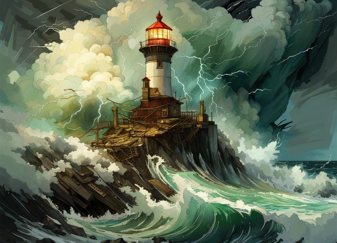 Dramatic Coastal Storm with Lighthouse, Fantasy Masterwork
